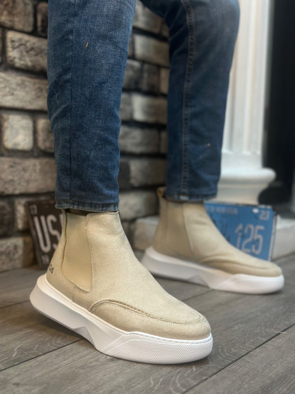 Ba0150 Laceless Men's Cream Suede High Sole Sports Boots