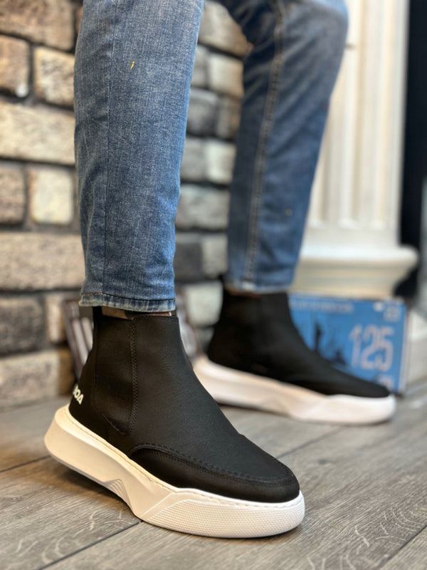 Ba0150 Laceless Men's High Sole Skin Black White Sports Boots