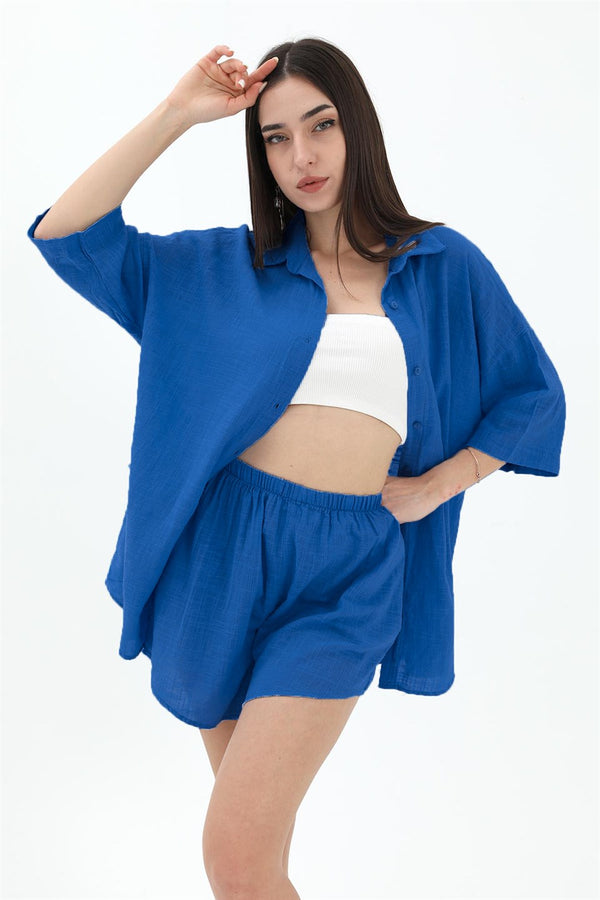 Cotton Linen Shorts Shirt Women's Double Suit - Saksblue