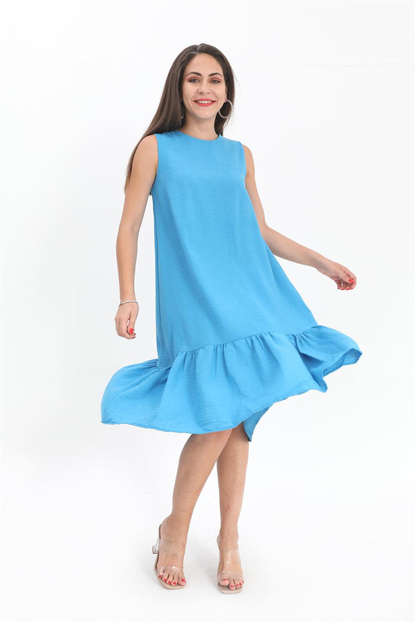 Crystal Linen Sleeveless Women's Loose Dress - Blue