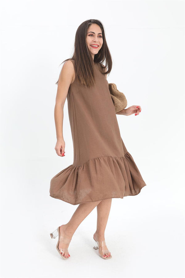 Crystal Linen Sleeveless Women's Loose Dress - Brown