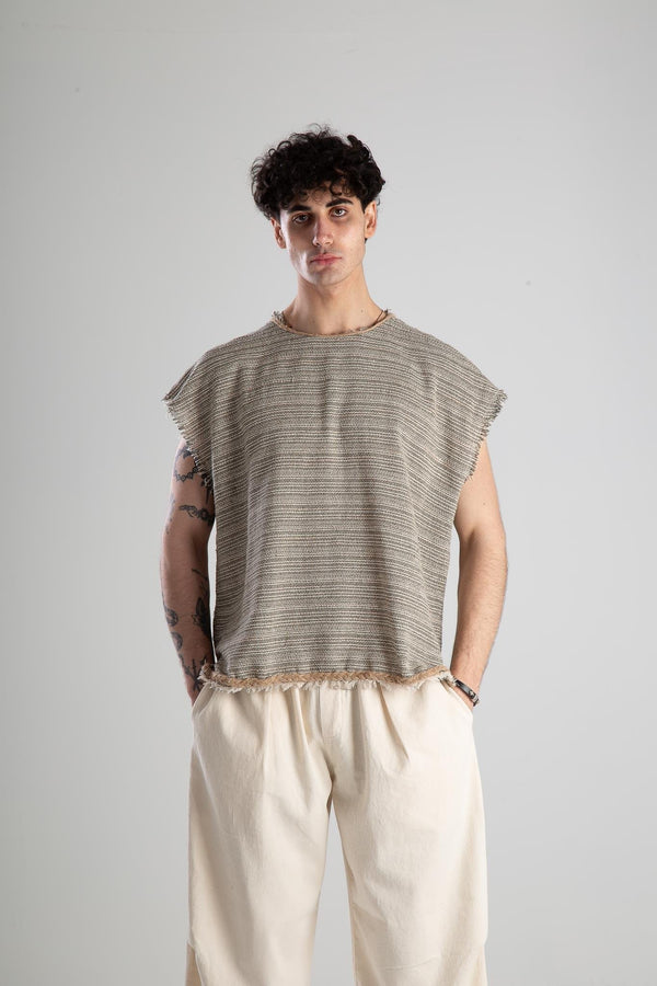 Straw Detailed Zero Sleeve Bohemian T-Shirt
