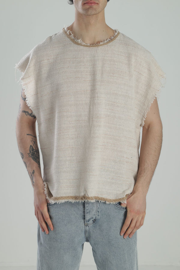 Straw Detailed Zero Sleeve Turkish Buldan Cotton T-Shirt