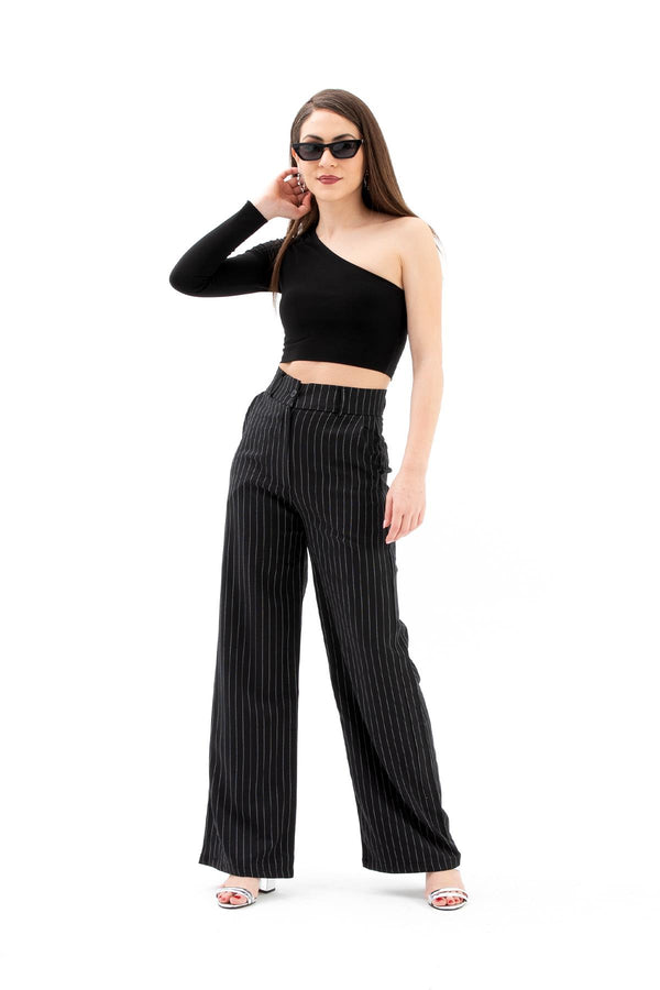 High Waist Striped Women's Palazzo Pants - Black