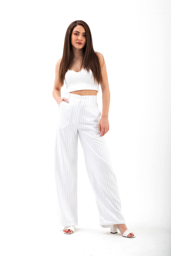 High Waist Striped Women's Palazzo Pants - Ecru