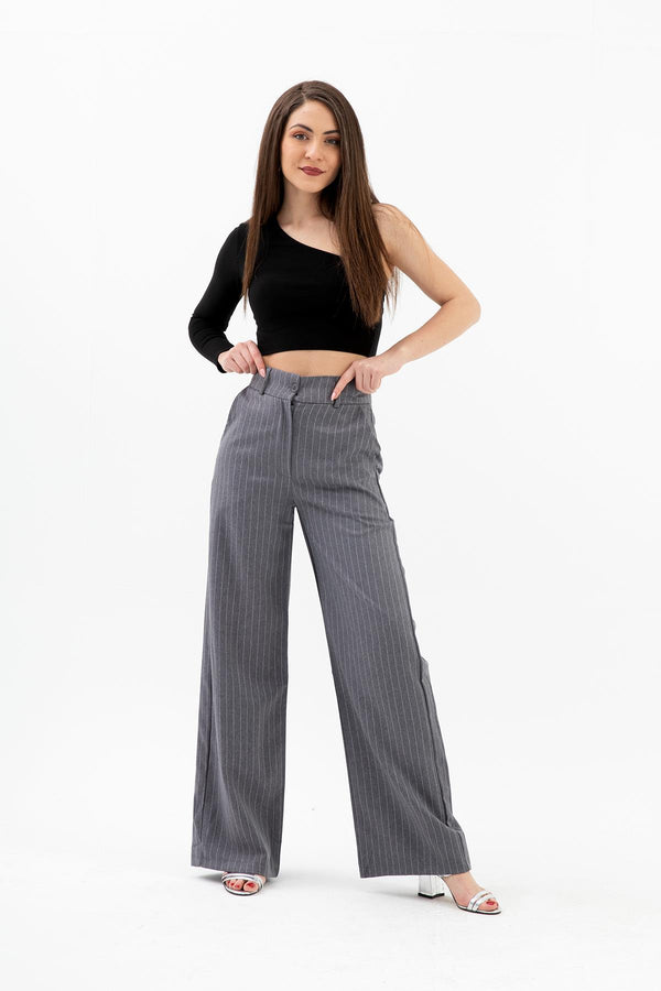 High Waist Striped Women's Palazzo Trousers - Anthracite