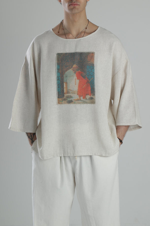 Turtle Detailed Linen T-Shirt