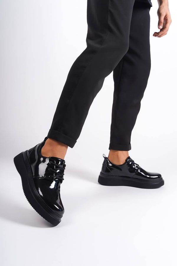 Kb-X3 Black Patent Leather Black Sole Laced Casual Men's Shoes