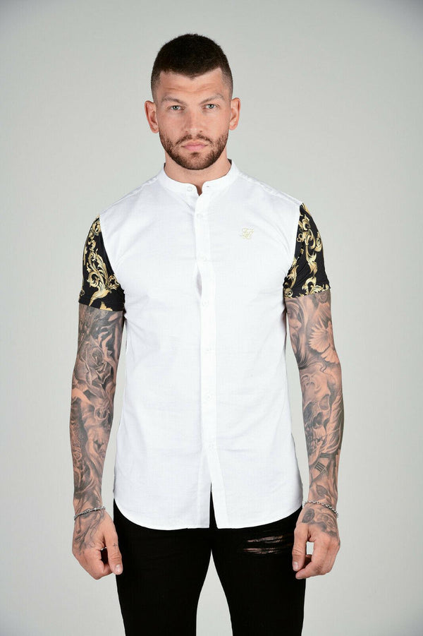 Men Grandad Collar Oxford Shirt - White & Gold