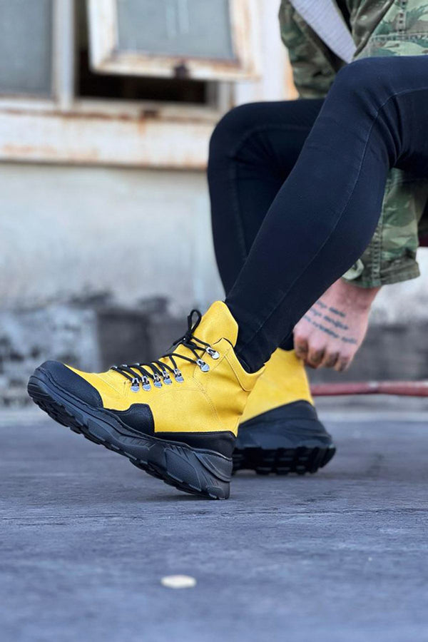 Men's Wg07 Yellow-Black Color Long Lace-Up Boots