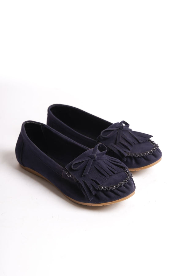 Navy Blue Suede Tasseled Casual Women's Ballerinas