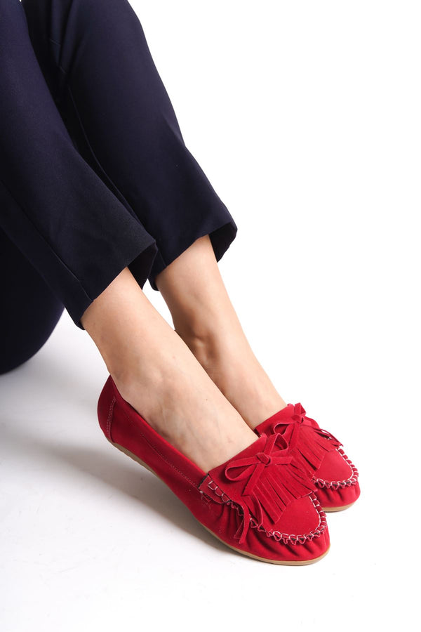 Red Suede Tasseled Casual Women's Ballerinas