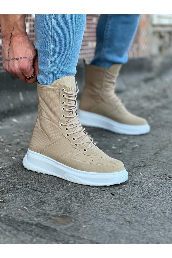 Wg012 Men's Beige Suede Leather Long Lace-Up Boots