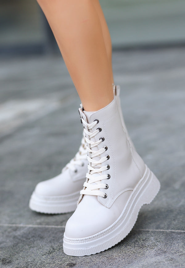 Women's Beige Leather Lace-Up Boots