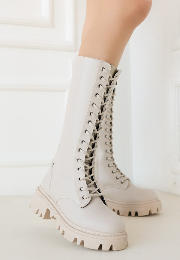 Women's Beige Leather Laced Boots