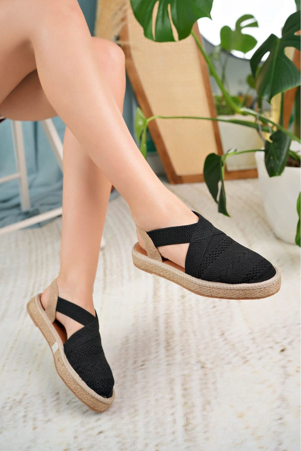 Women's Black Closed Toe Elastic Knitwear Sandals