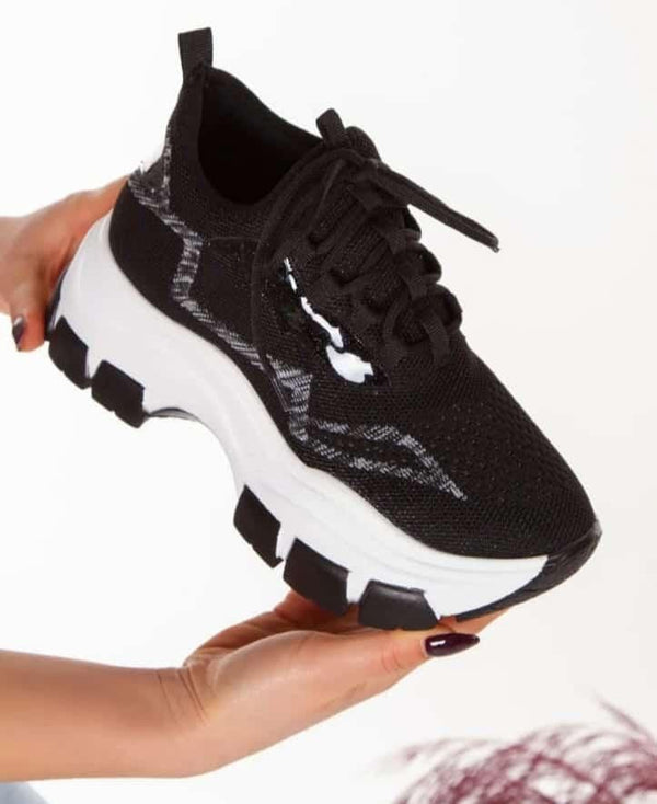 Women's Black Knitwear Lace-Up Sports Shoes