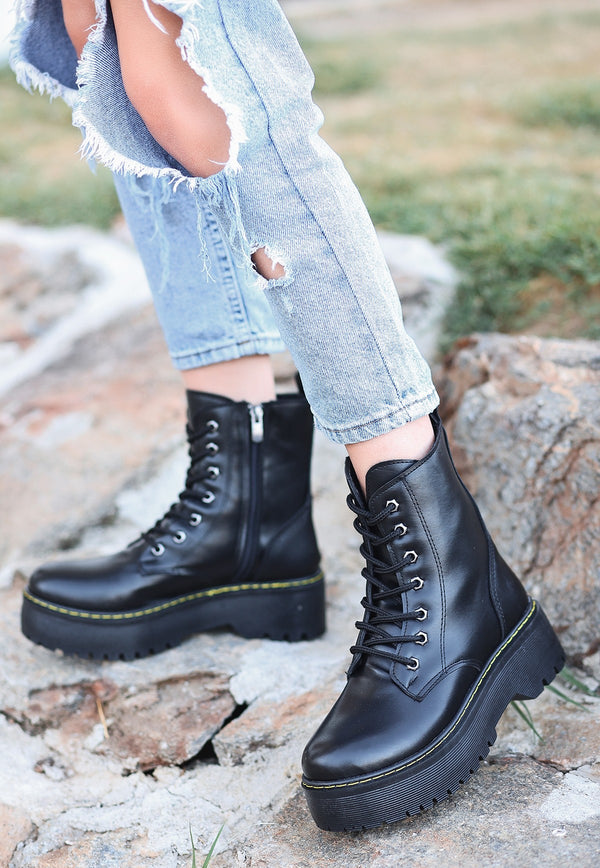 Women's Black Leather Laced Boots