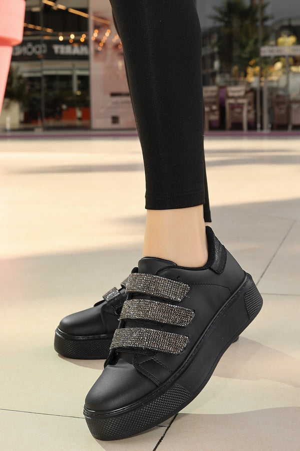 Women's Black Leather Velcro Sports Shoes