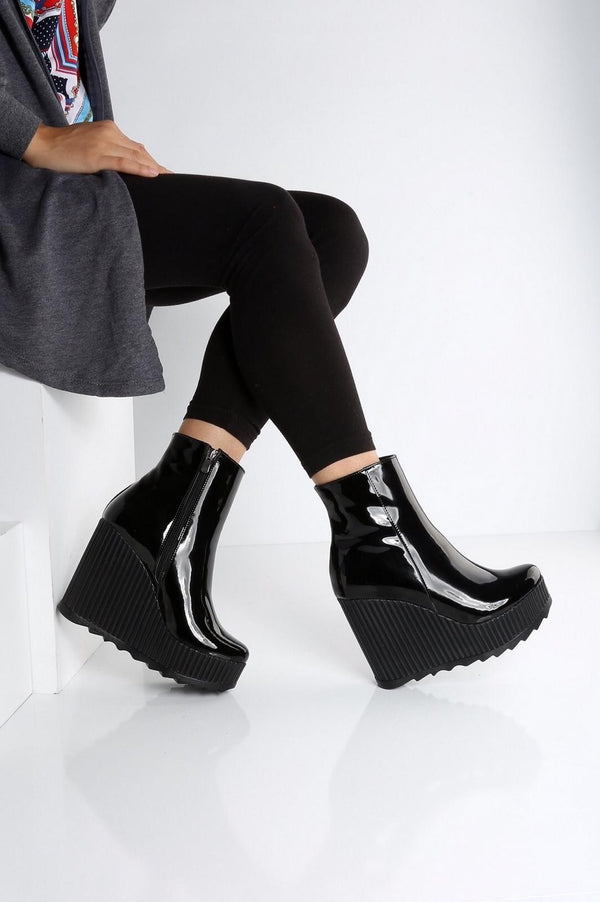 Women's Black Patent Leather Wedge Heel Boots