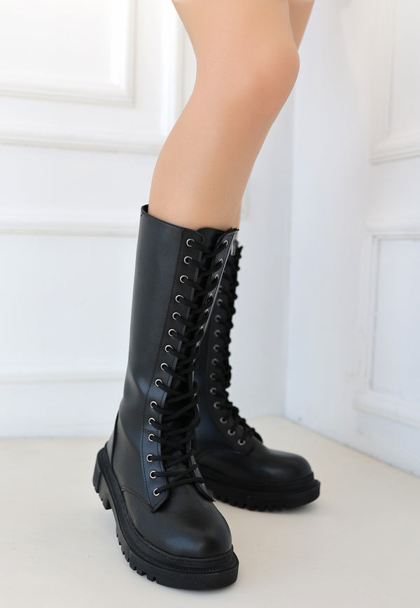 Women's Black Skin Lace Up Boots