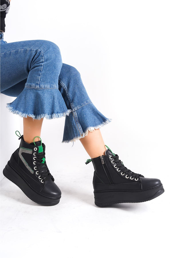 Women's Black Thick Soled Sports Boots with Green Detail