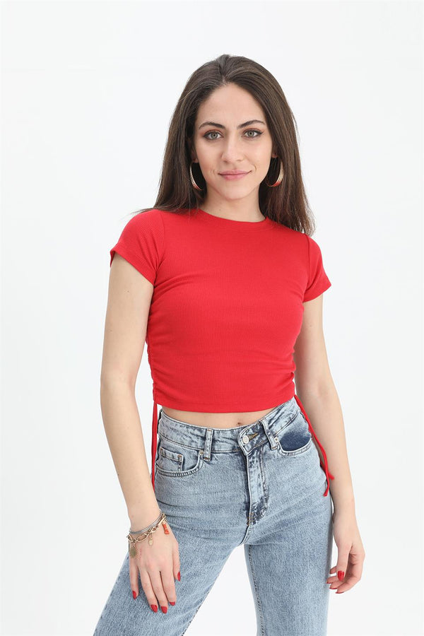 Women's Blouse Crew Neck Pleated Sides - Red