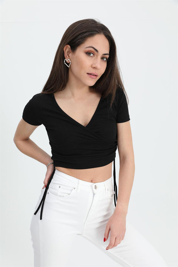 Women's Blouse Double Breasted Collar Tunnelled Sides - Black