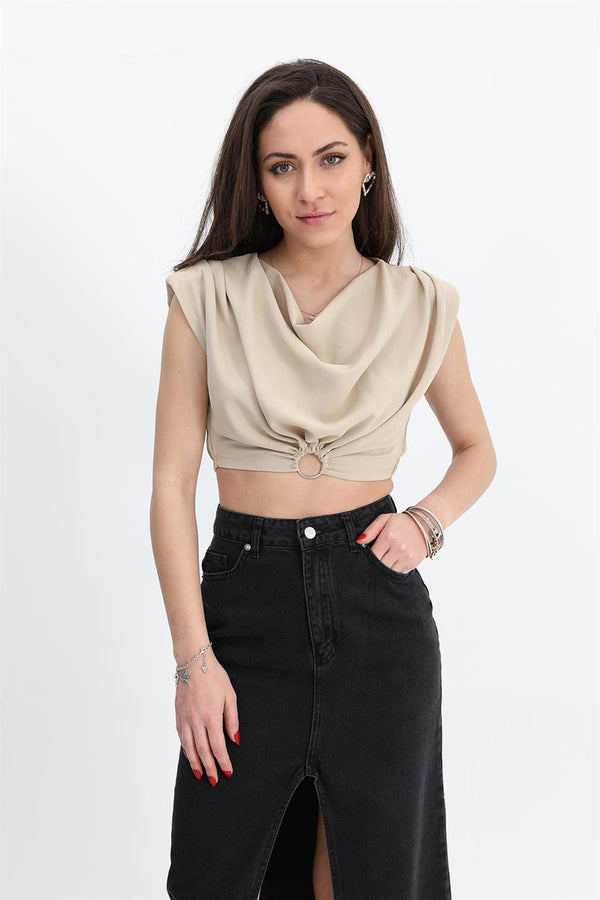 Women's Blouse Shoulders Padded Waist Elastic Ring Detailed - Beige