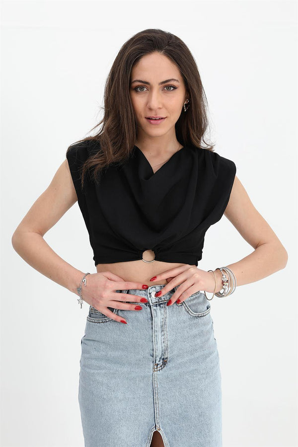 Women's Blouse Shoulders Padded Waist Elastic Ring Detailed - Black