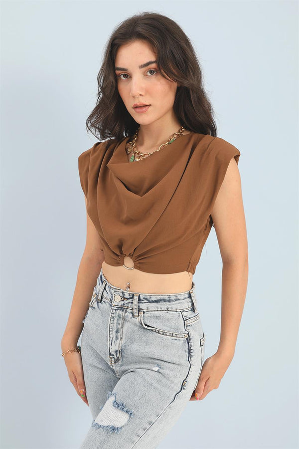 Women's Blouse Shoulders Padded Waist Elastic Ring Detailed - Brown