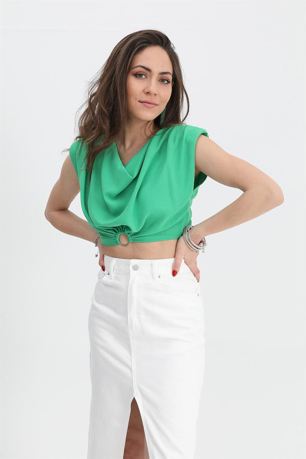 Women's Blouse Shoulders Padded Waist Elastic Ring Detailed - Green