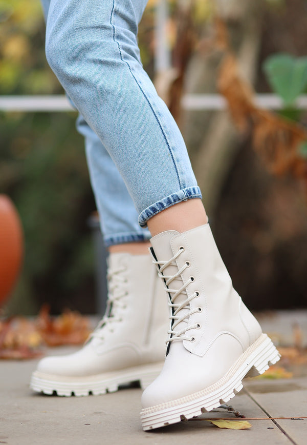 Women's Bria Beige Leather Laced Boots