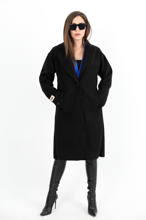 Women's Cashmere Coat Double-Breasted Collar Sleeve With Crest Detail - Black