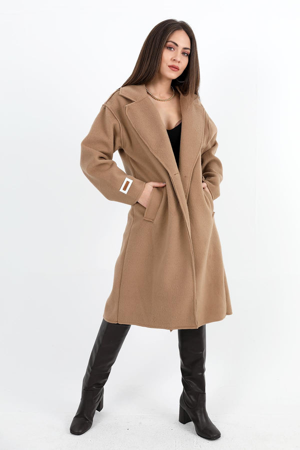 Women's Cashmere Coat Double Breasted Collar Sleeve With Emblem Detail - Camel