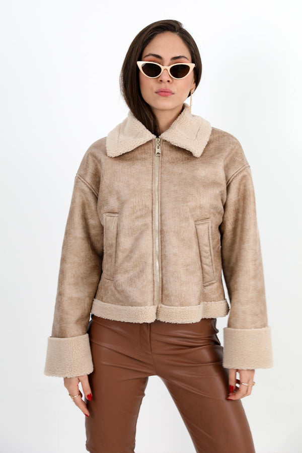 Women's Coat Sleeve Folded Suede Plush - Beige