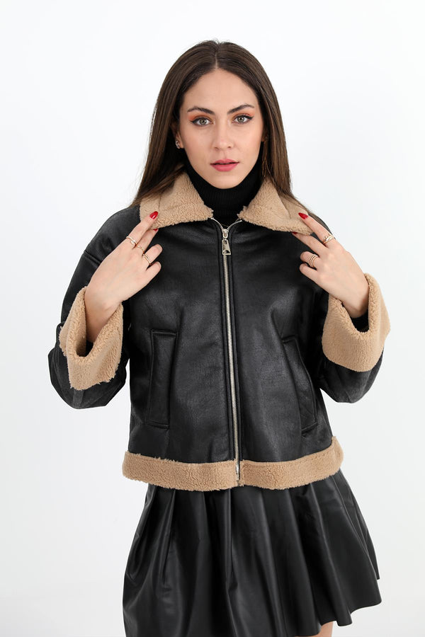 Women's Coat Sleeve Folded Suede Plush - Black