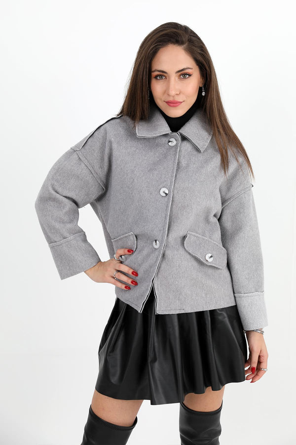 Women's Coat With Pocket Flap Button-Up Short - Gray