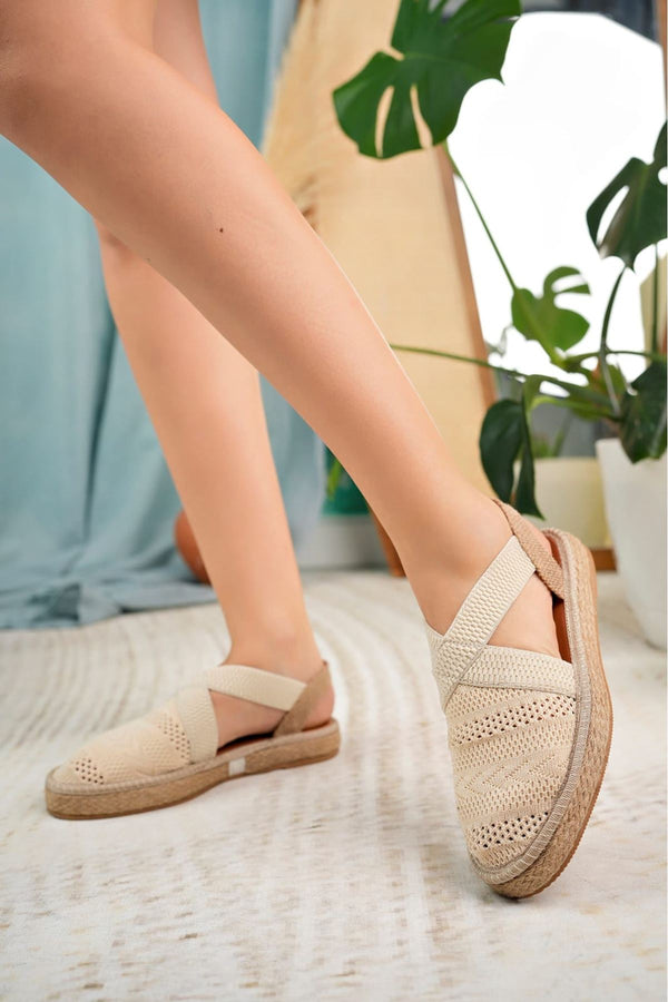 Women's Cream Closed Toe Elastic Knitwear Sandals