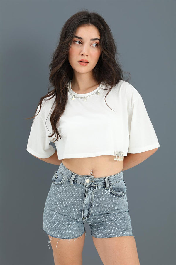 Women's Crop Crew Neck Pearl Detailed - White