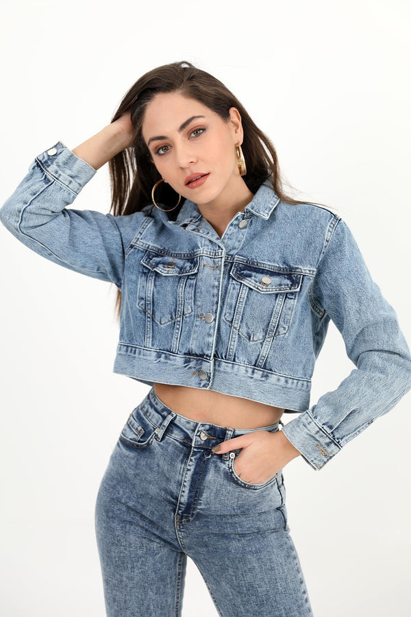 Women's Denim Jacket Crop Basic - Blue