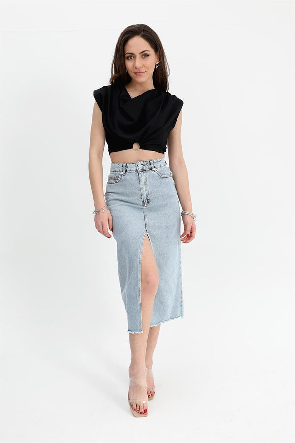 Women's Denim Skirt Front Slit Skirt Tasseled - Blue