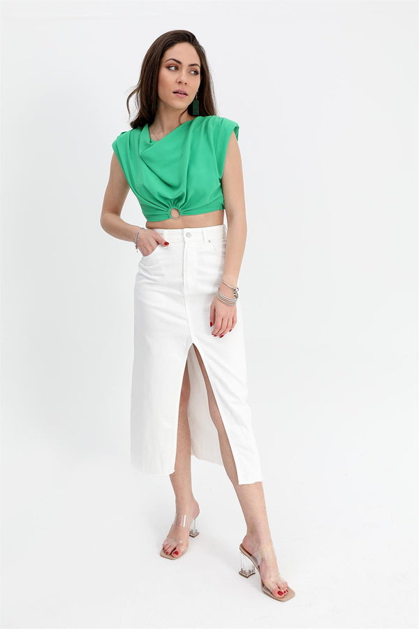 Women's Denim Skirt Front Slit Skirt Tasseled - White