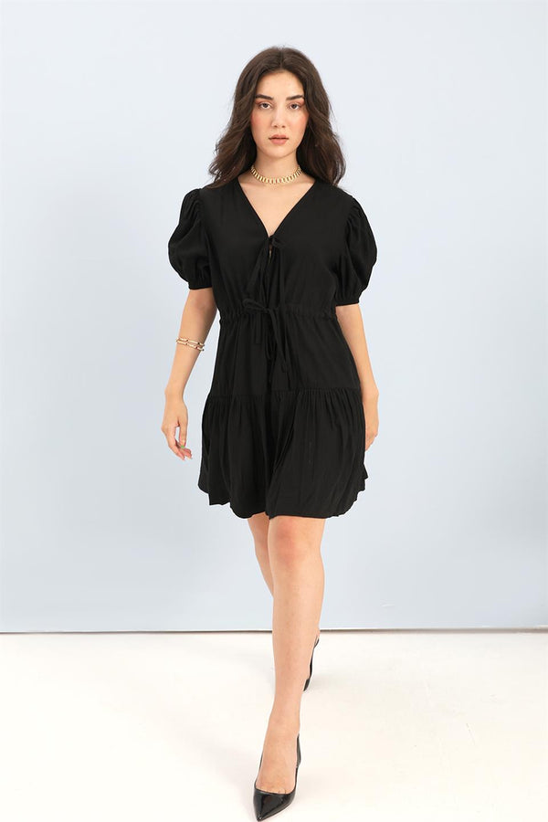 Women's Dress Balloon Sleeve Waist Pleated - Black