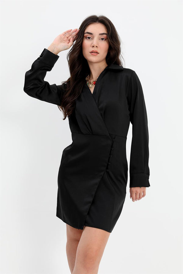 Women's Dress Double Breasted Collar Buttoned Satin - Black