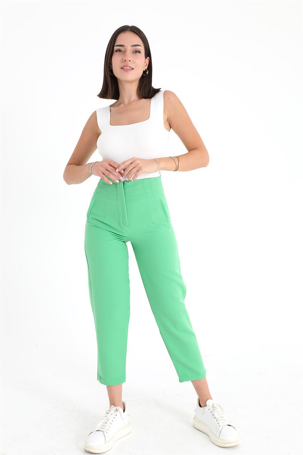 Women's High Waist Collared Atlas Fabric Trousers - Light Green