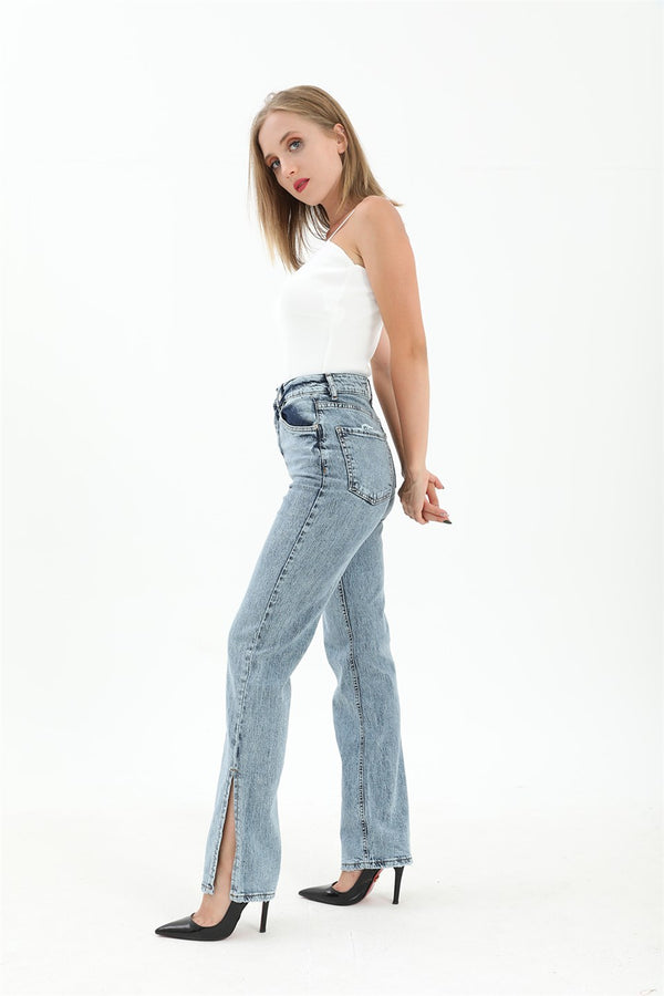 Women's High Waist Denim Pants With Back Pockets - Blue