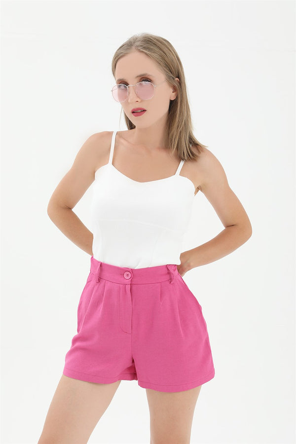 Women's High Waist Front Pleated Elastic Back Waist Linen Shorts - Fuchsia