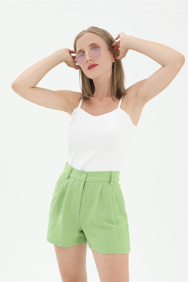 Women's High Waist Front Pleated Elastic Back Waist Linen Shorts - Green