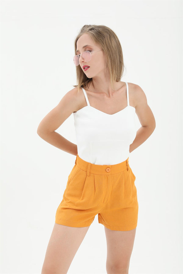 Women's High Waist Front Pleated Elastic Back Waist Linen Shorts - Orange